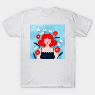 Happy girl with flowers and dragonflies, version 2 T-Shirt